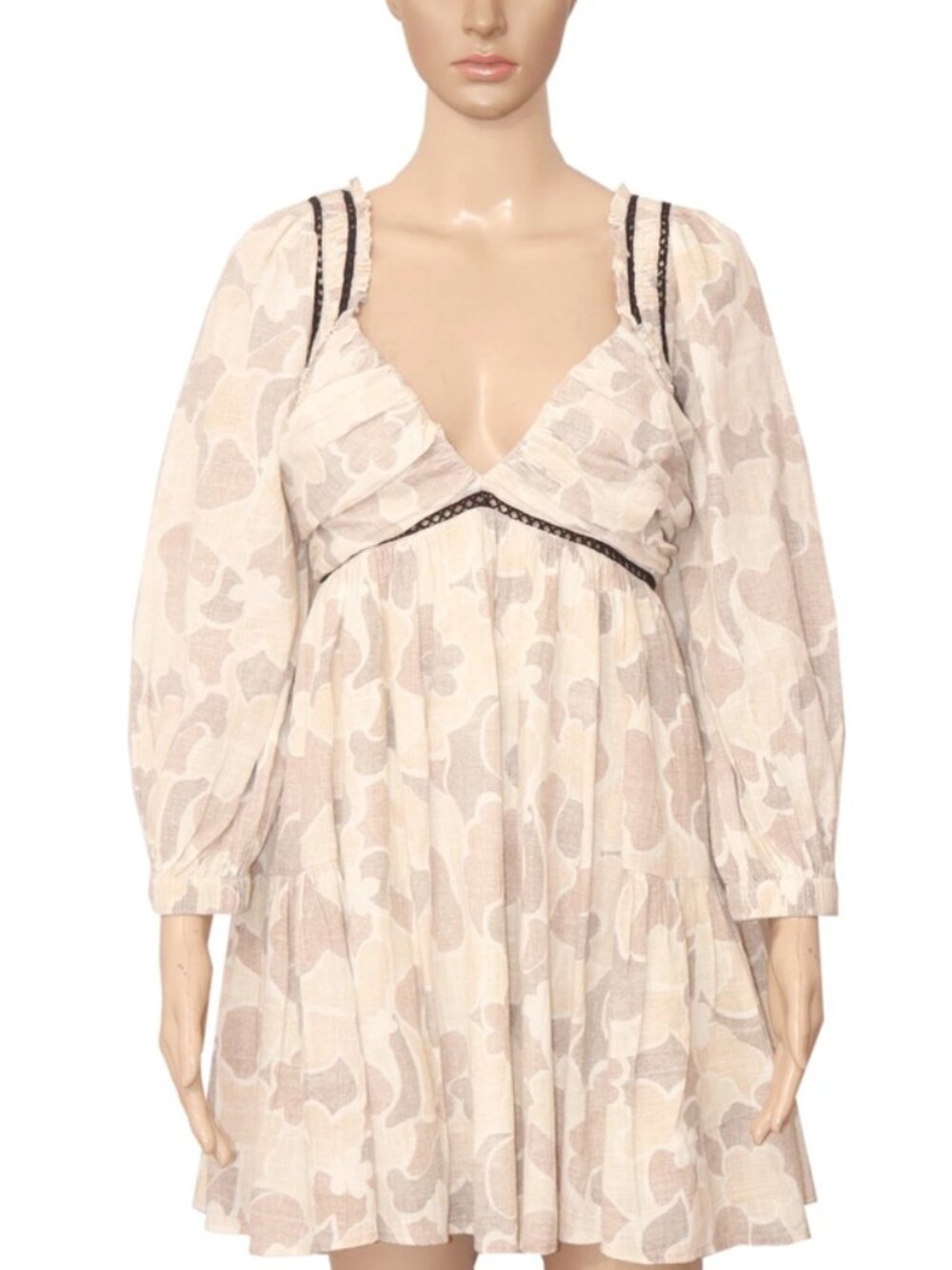 Free People Printed Flower Lace Trim Pleated Smocked Mini Dress S